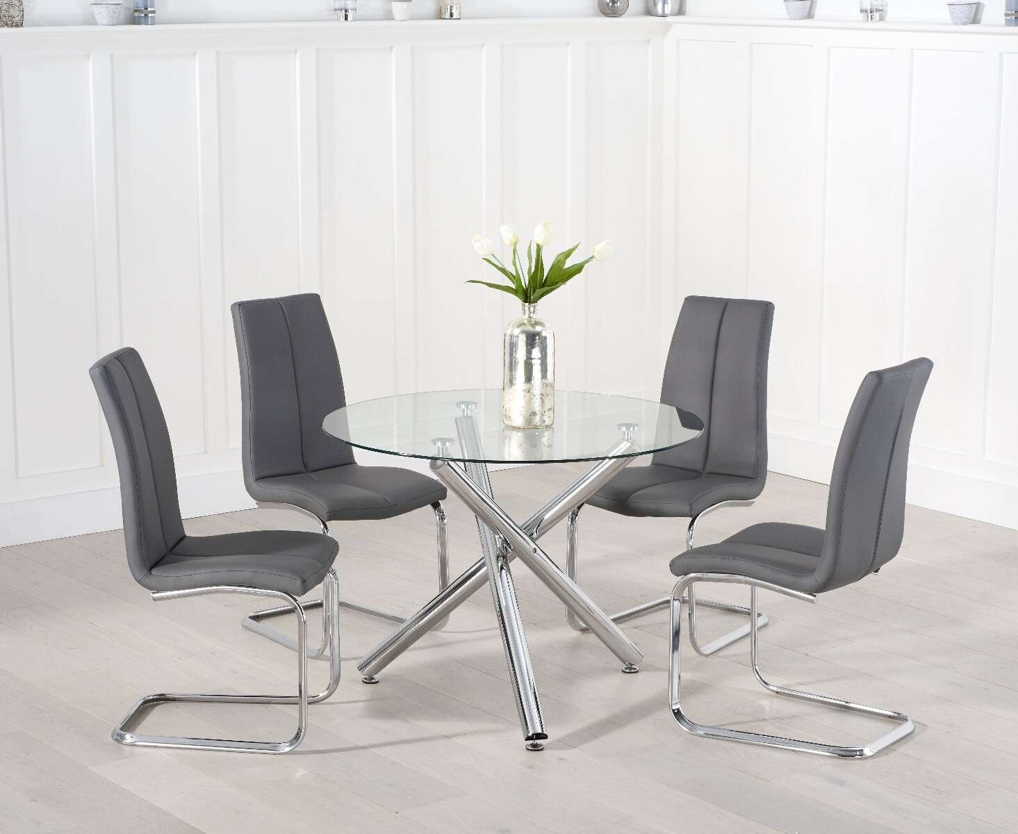 Denver 110cm Glass Dining Table With 4 Grey Gianni Chairs