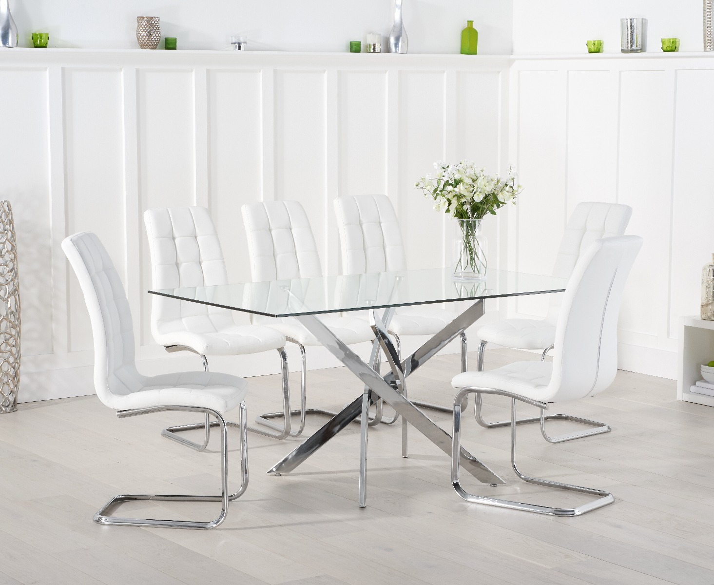 Photo 1 of Denver 160cm rectangular glass dining table with 4 white vigo chairs