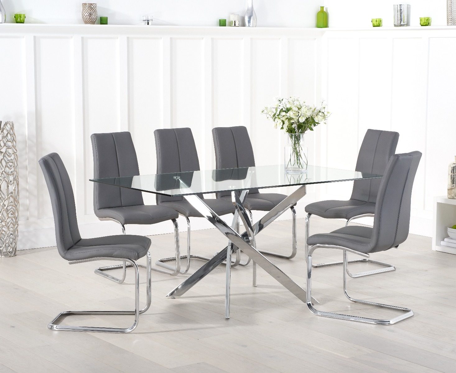 Denver 160cm Rectangular Glass Dining Table With 4 Grey Gianni Chairs