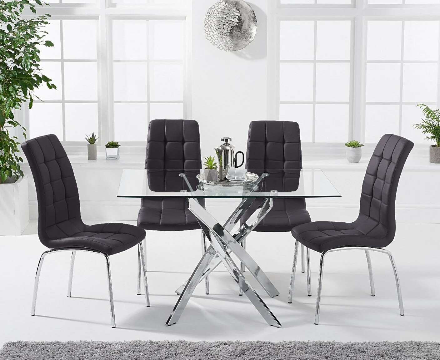 Product photograph of Denver 120cm Rectangular Glass Dining Table With 6 Cream Enzo Chairs from Oak Furniture Superstore