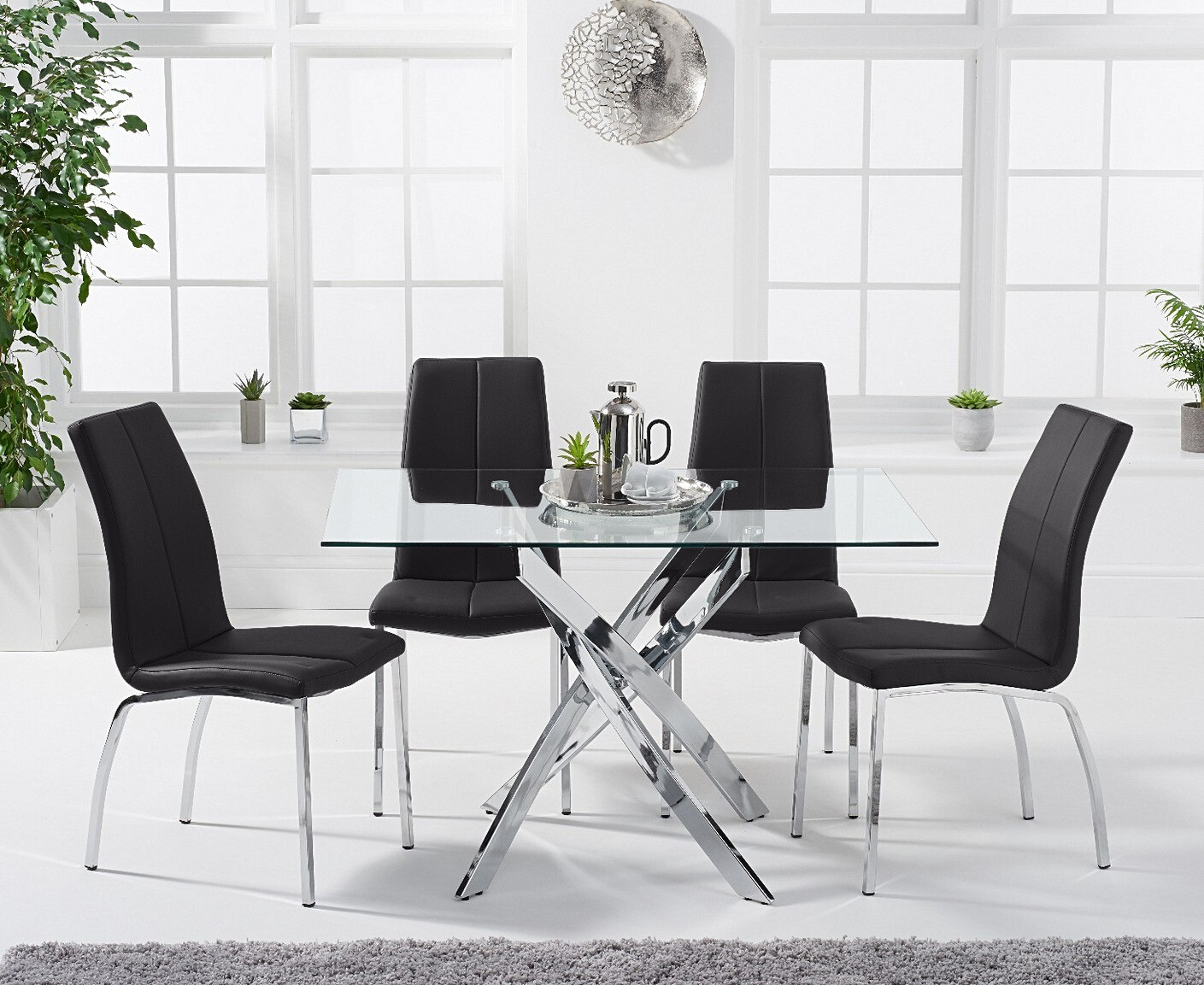 Photo 3 of Denver 120cm rectangular glass dining table with 4 white marco chairs