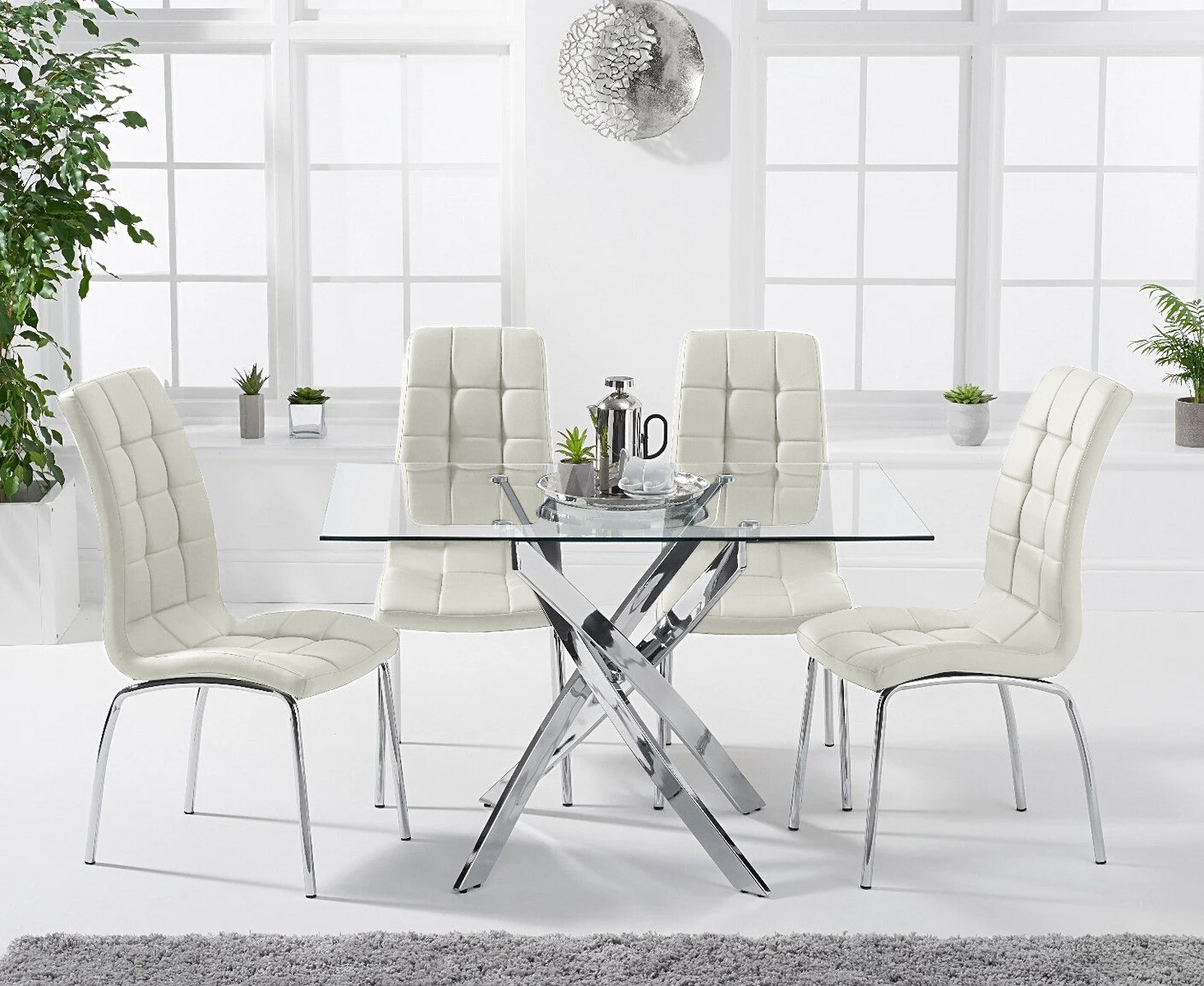 Photo 2 of Denver 120cm rectangular glass dining table with 6 white enzo chairs