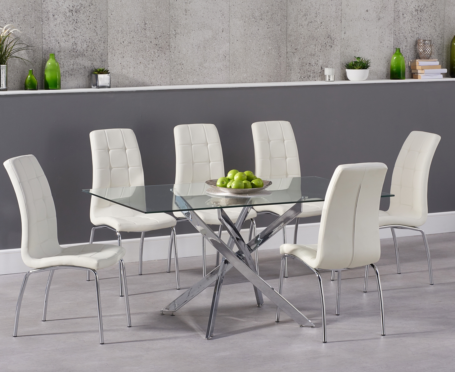 Photo 1 of Denver 160cm rectangular glass dining table with 8 cream enzo chairs