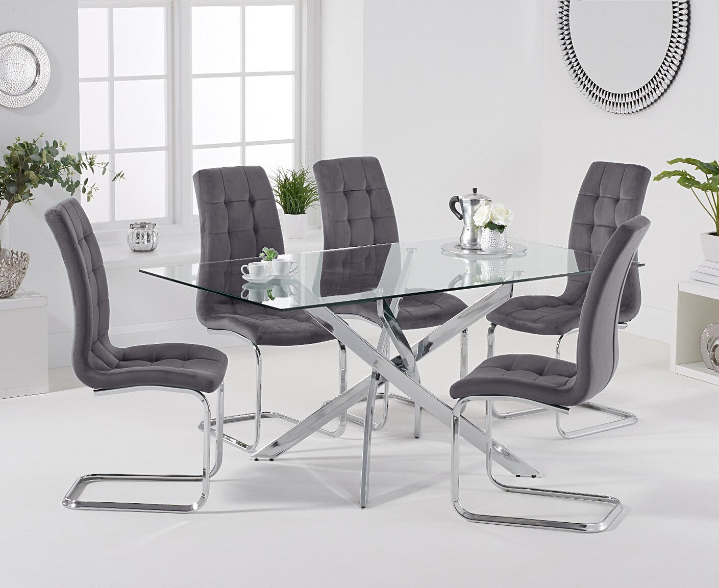 Photo 1 of Denver 160cm rectangular glass dining table with 4 grey vigo chairs