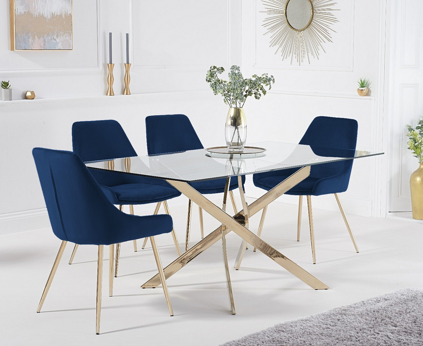 Photo 1 of Denver 160cm rectangular glass gold leg dining table with 8 blue lola chairs