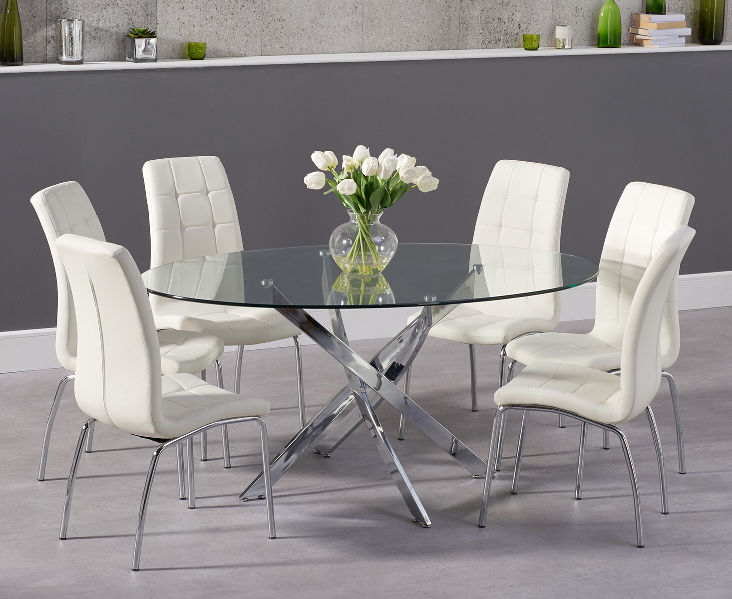 Product photograph of Bernini 165cm Oval Glass Dining Table With 4 Grey Vigo Chairs from Oak Furniture Superstore