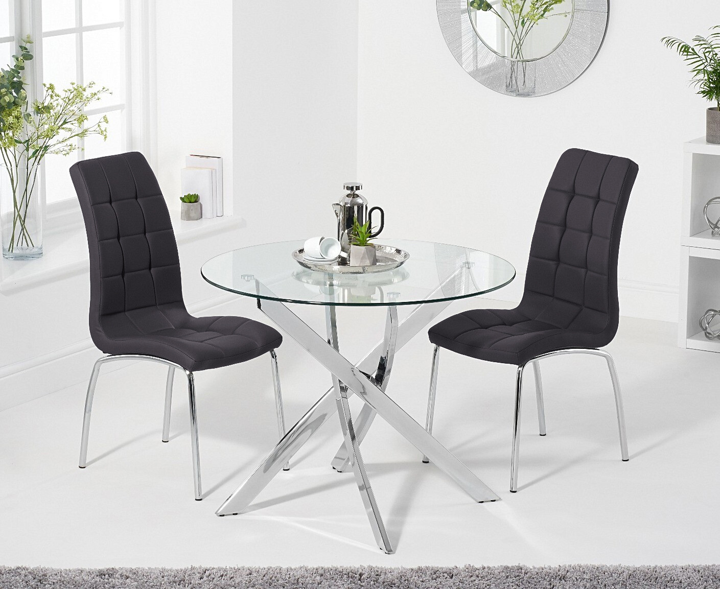Product photograph of Denver 95cm Round Glass Dining Table With 4 White Enzo Chairs from Oak Furniture Superstore
