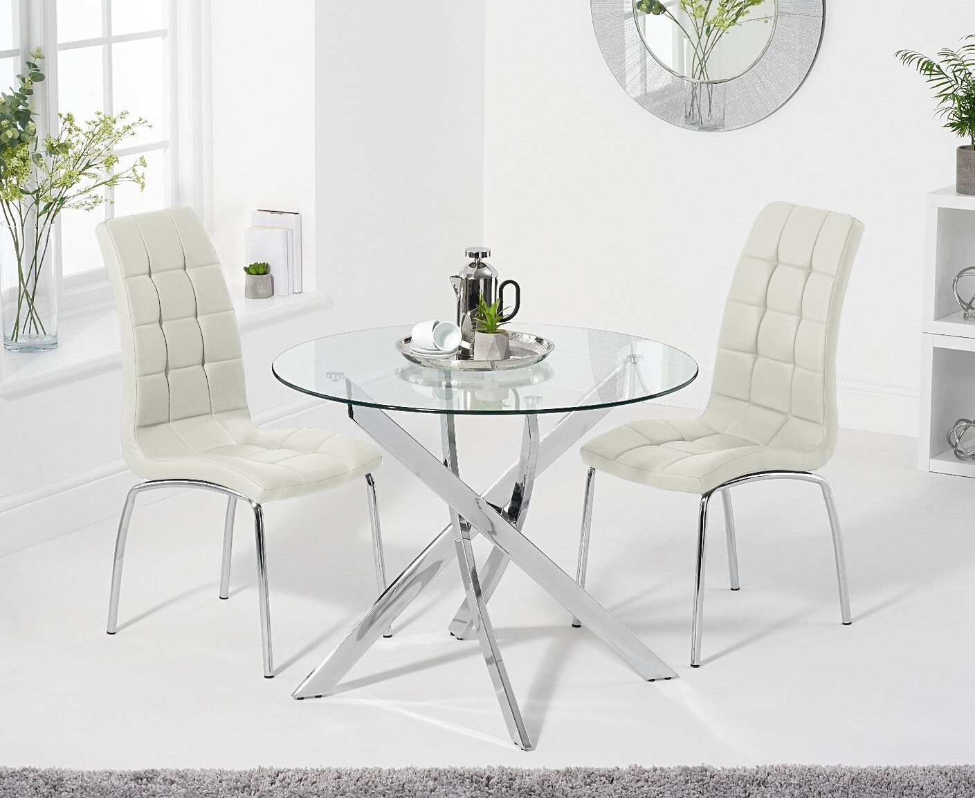 Photo 2 of Denver 95cm round glass dining table with 4 cream enzo chairs
