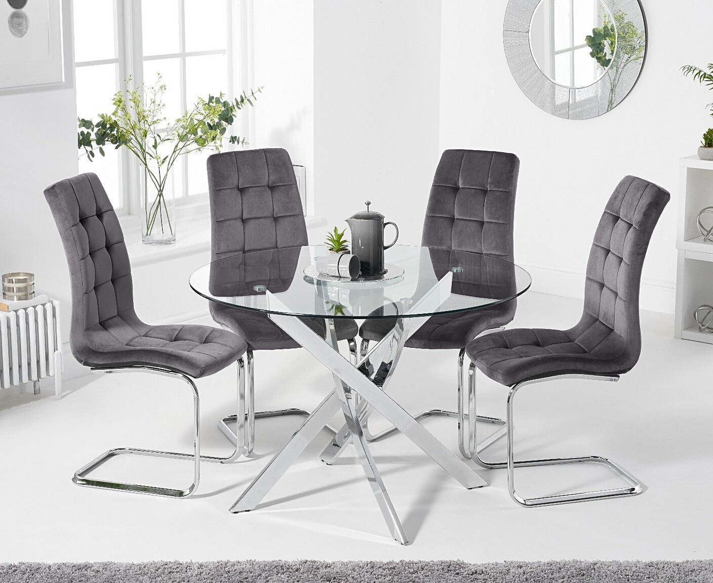 Photo 1 of Denver 95cm round glass dining table with 4 grey vigo chairs