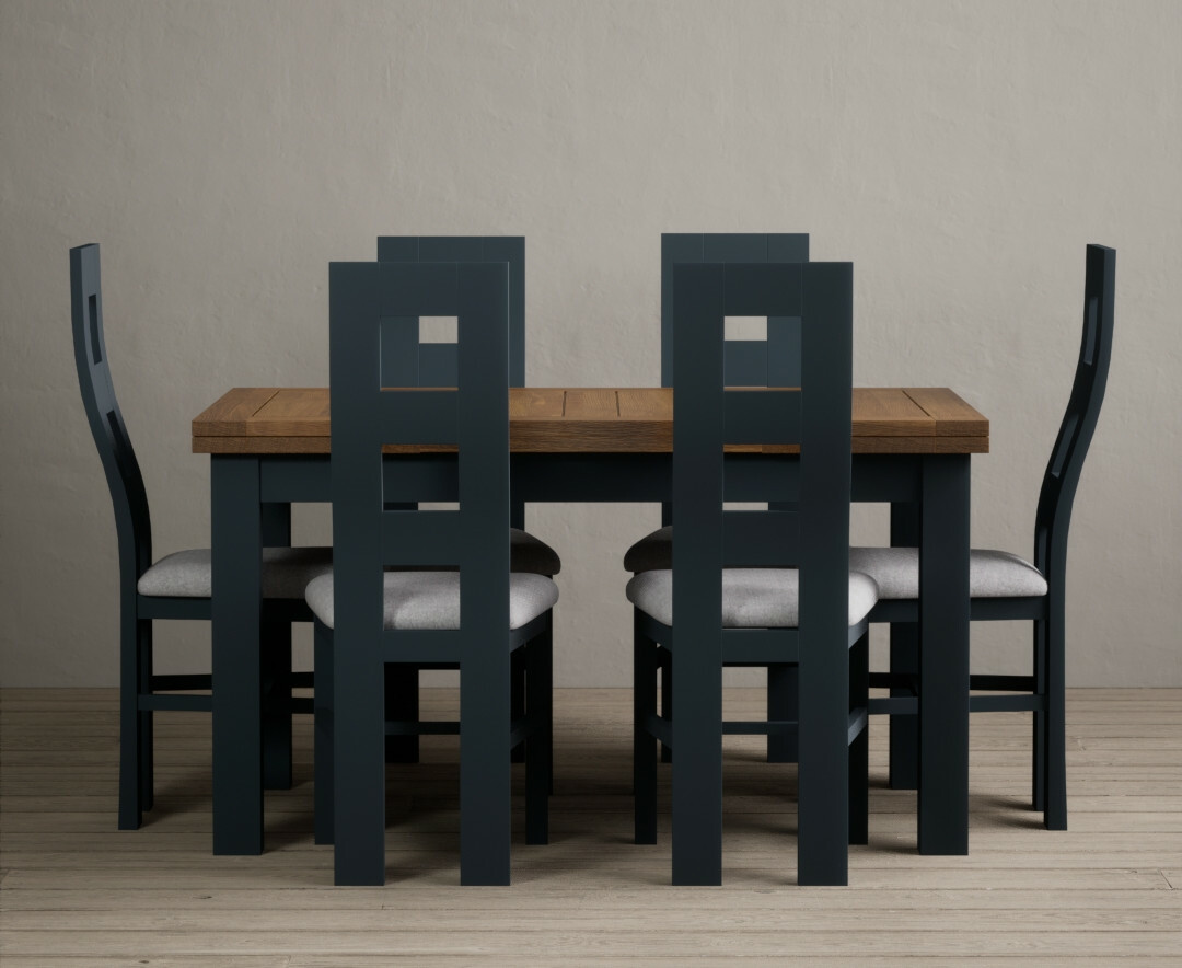 Photo 2 of Extending buxton 140cm oak and dark blue painted dining table with 8 charcoal grey chairs