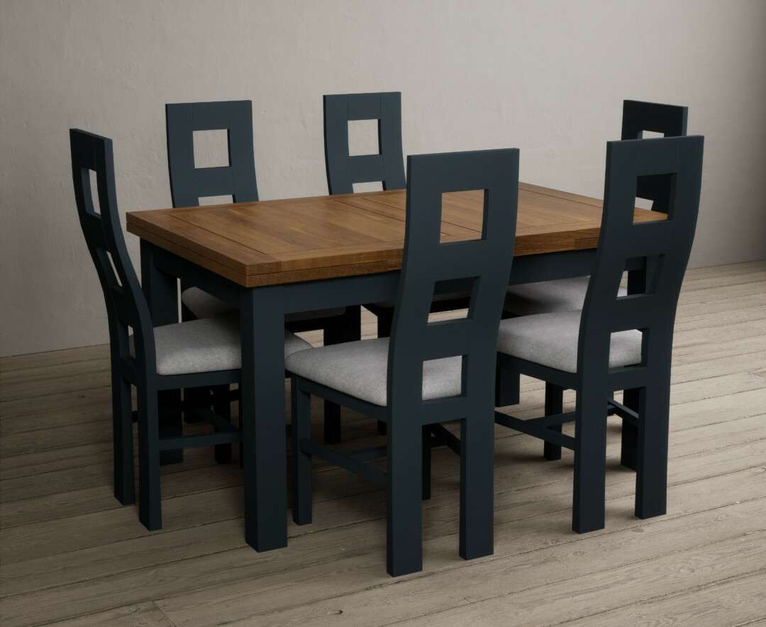 Hampshire 140cm Oak And Dark Blue Extending Dining Table With 8 Linen Flow Back Chairs