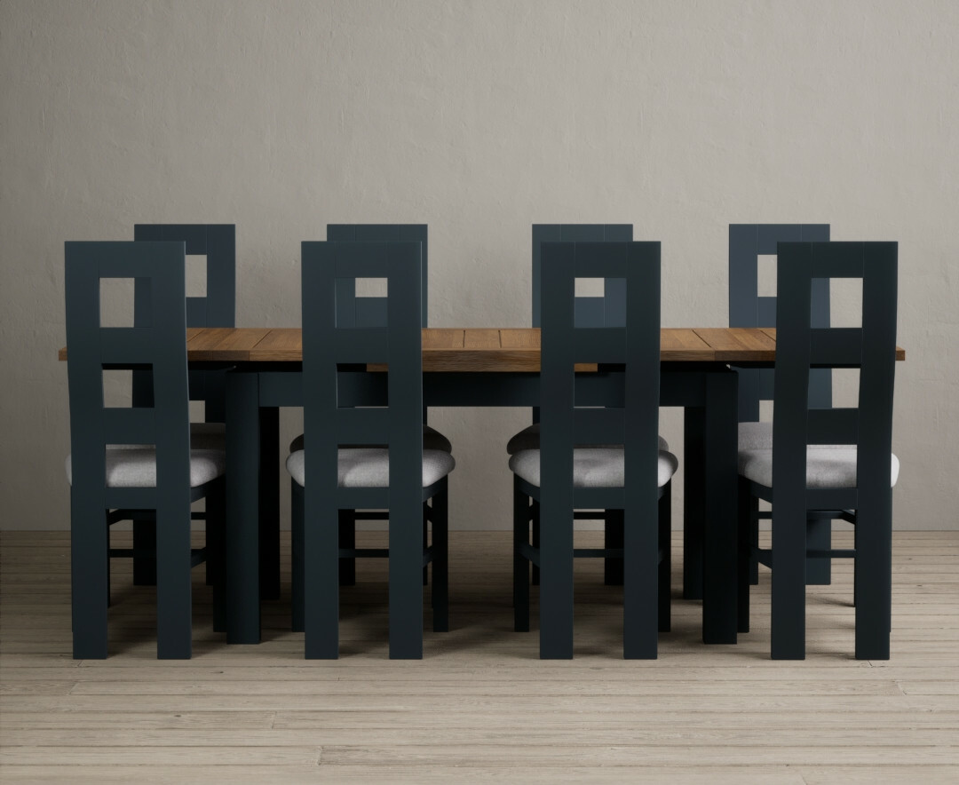 Product photograph of Extending Buxton 140cm Oak And Dark Blue Painted Dining Table With 8 Rustic Oak Painted Chairs from Oak Furniture Superstore