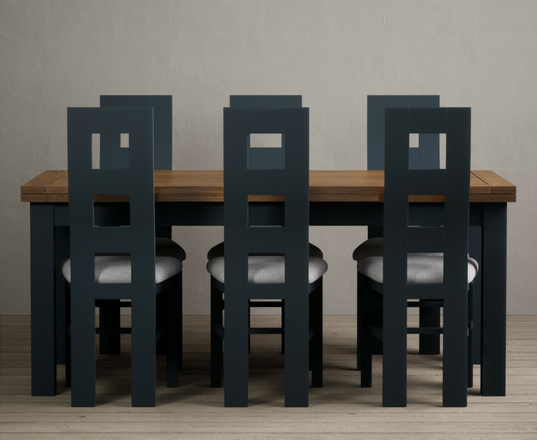 Photo 1 of Extending buxton 180cm oak and dark blue painted dining table with 6 charcoal grey chairs