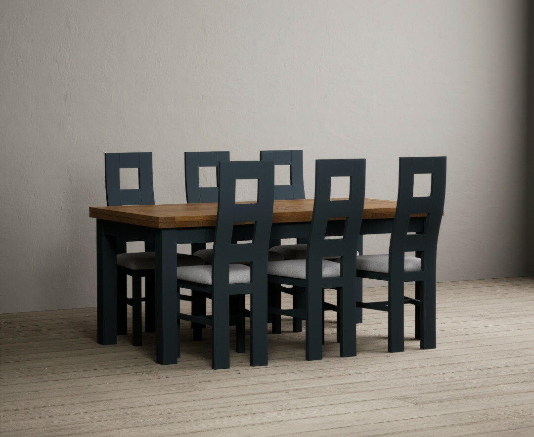 Photo 1 of Buxton 180cm oak and dark blue extending dining table with 10 linen flow back chairs