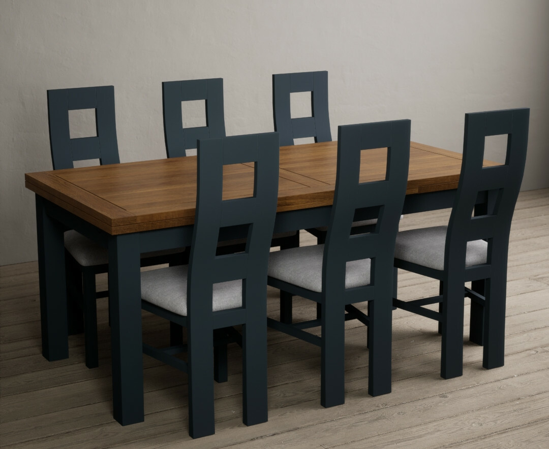 Photo 4 of Buxton 180cm oak and dark blue extending dining table with 12 brown flow back chairs