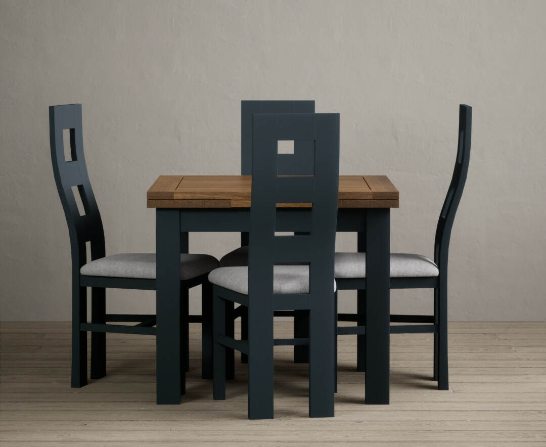 Photo 2 of Buxton 90cm oak and dark blue extending dining table with 4 linen flow back chairs