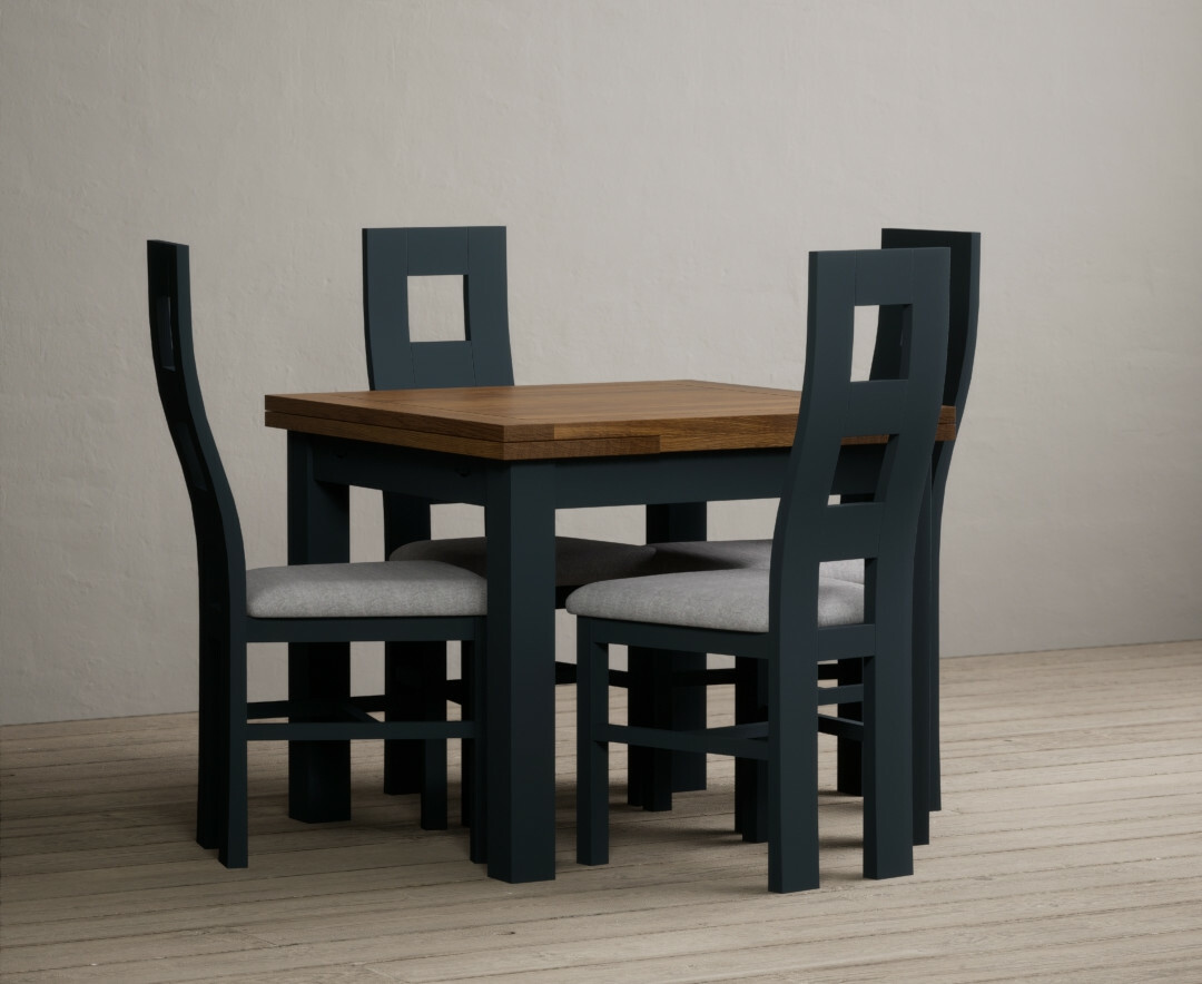 Product photograph of Buxton 90cm Oak And Dark Blue Extending Dining Table With 6 Linen Flow Back Chairs from Oak Furniture Superstore