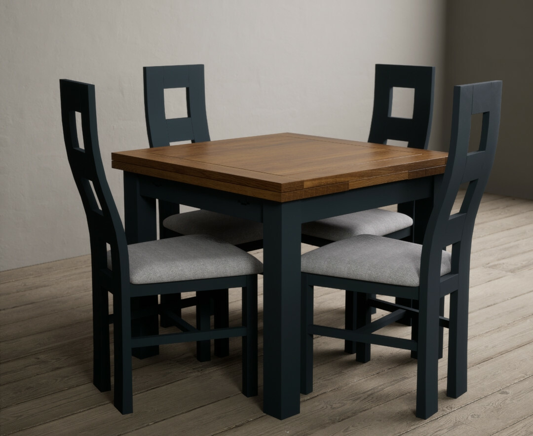 Photo 1 of Buxton 90cm oak and dark blue extending dining table with 4 blue flow back chairs