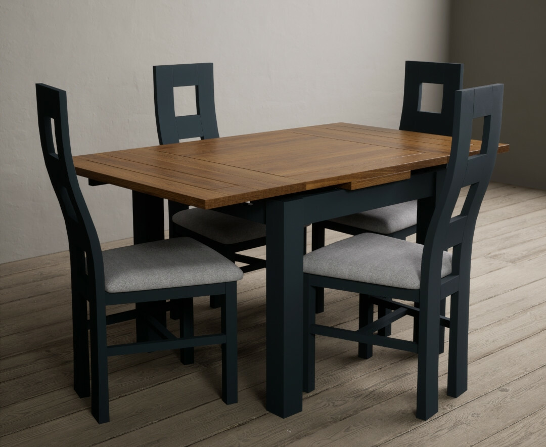 Photo 3 of Buxton 90cm oak and dark blue extending dining table with 6 light grey flow back chairs