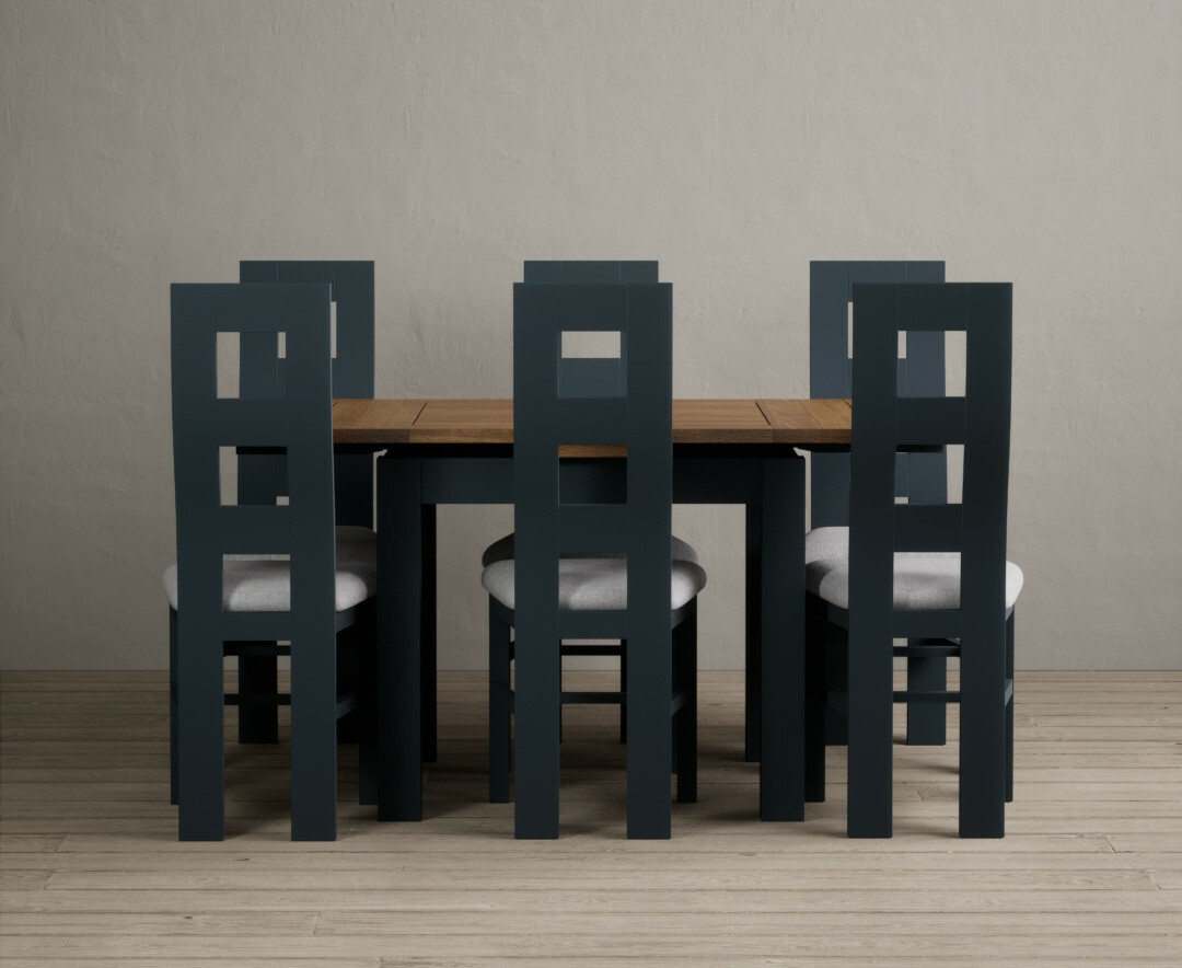 Photo 4 of Buxton 90cm oak and dark blue extending dining table with 6 charcoal grey flow back chairs