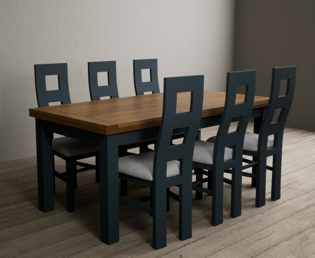 Photo 2 of Buxton 180cm oak and dark blue extending dining table with 6 linen flow back chairs
