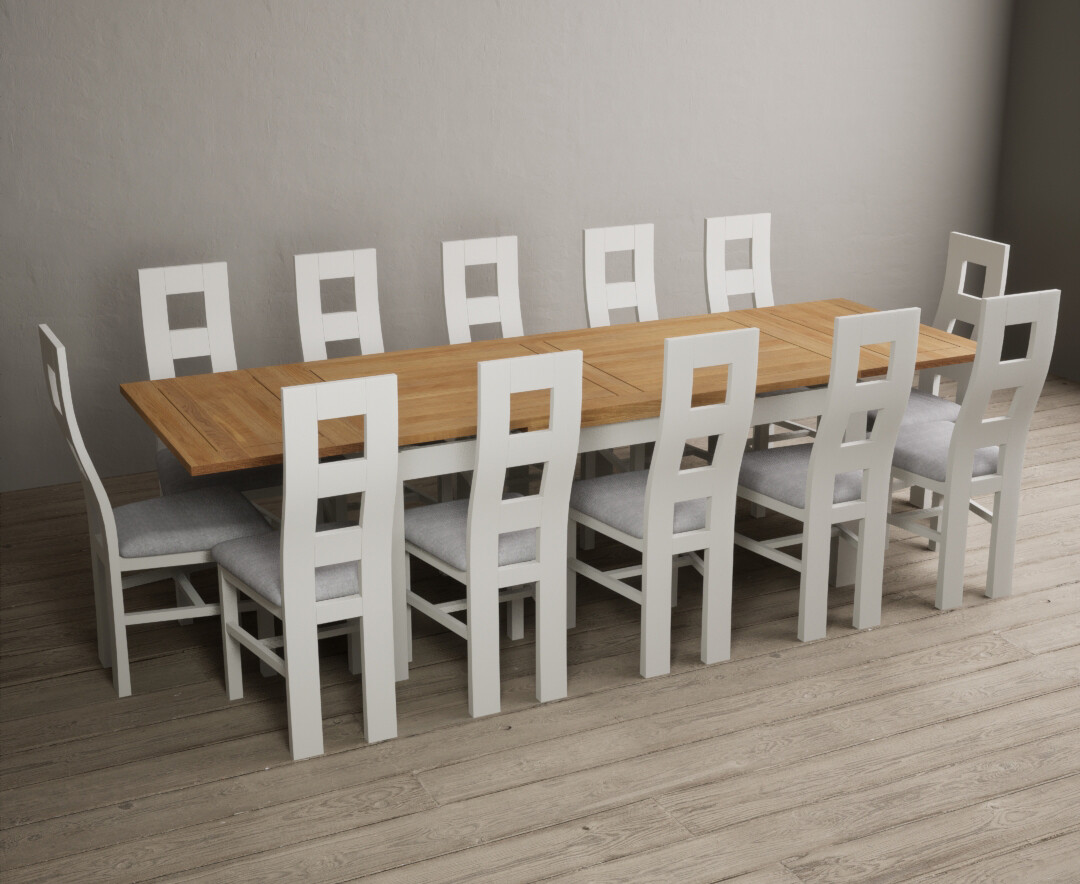 Hampshire 180cm Oak And Chalk White Extending Dining Table With 8 Linen Flow Back Chairs