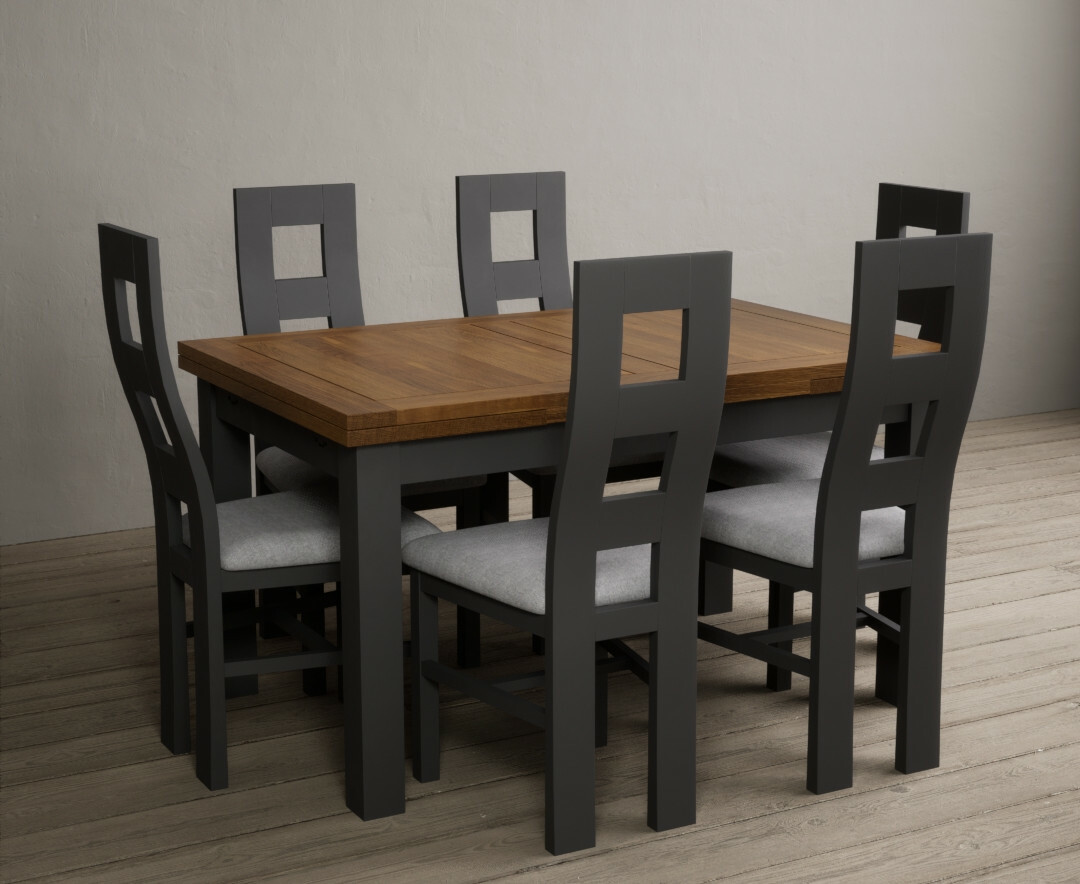 Photo 4 of Extending buxton 140cm oak and charcoal grey painted dining table with 8 light grey chairs