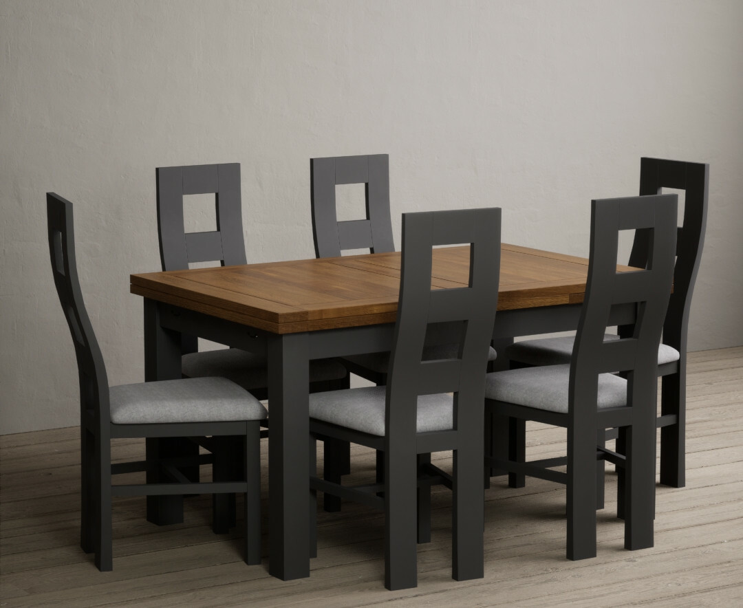 Photo 2 of Extending buxton 140cm oak and charcoal grey painted dining table with 8 charcoal grey chairs