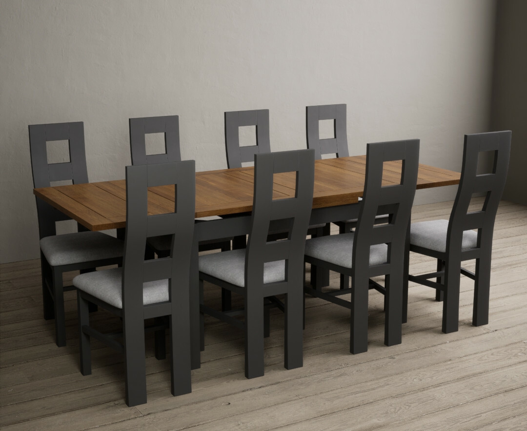 Hampshire 140cm Oak And Charcoal Grey Extending Dining Table With 6 Blue Flow Back Chairs
