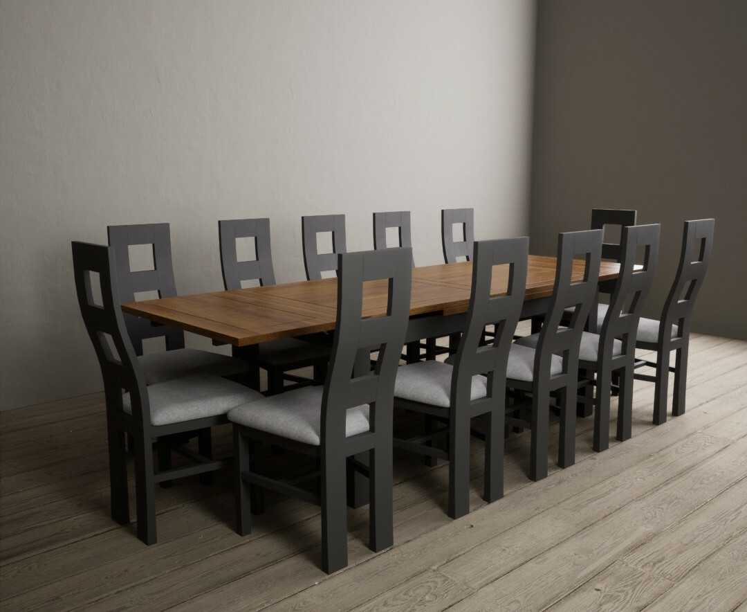 Product photograph of Buxton 180cm Oak And Charcoal Grey Extending Dining Table With 10 Blue Flow Back Chairs from Oak Furniture Superstore