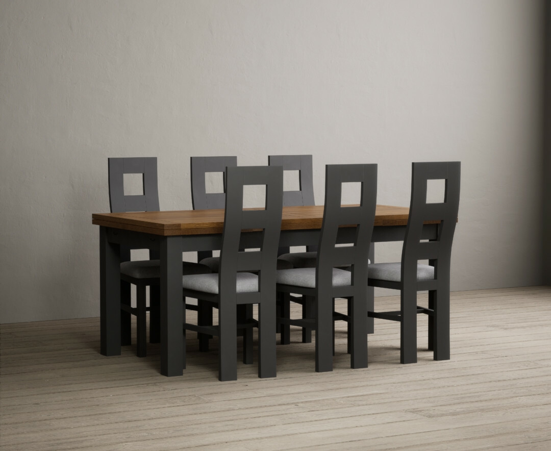 Photo 3 of Extending buxton 180cm oak and charcoal grey painted dining table with 12 charcoal grey chairs