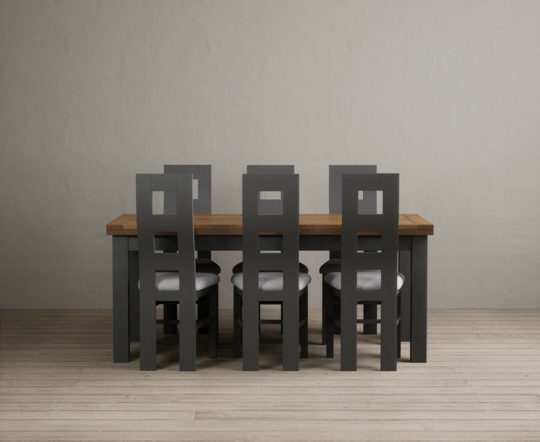 Photo 4 of Extending buxton 180cm oak and charcoal grey painted dining table with 12 charcoal grey chairs
