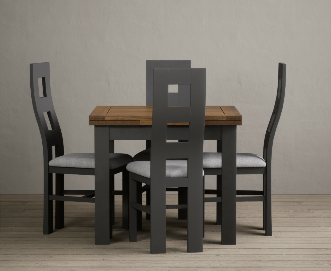 Photo 4 of Extending buxton 90cm oak and charcoal grey painted dining table with 4 blue chairs