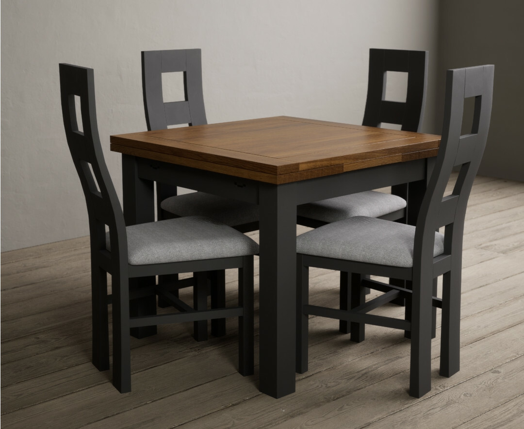 Hampshire 90cm Oak And Charcoal Grey Extending Dining Table With 4 Charcoal Grey Flow Back Chairs