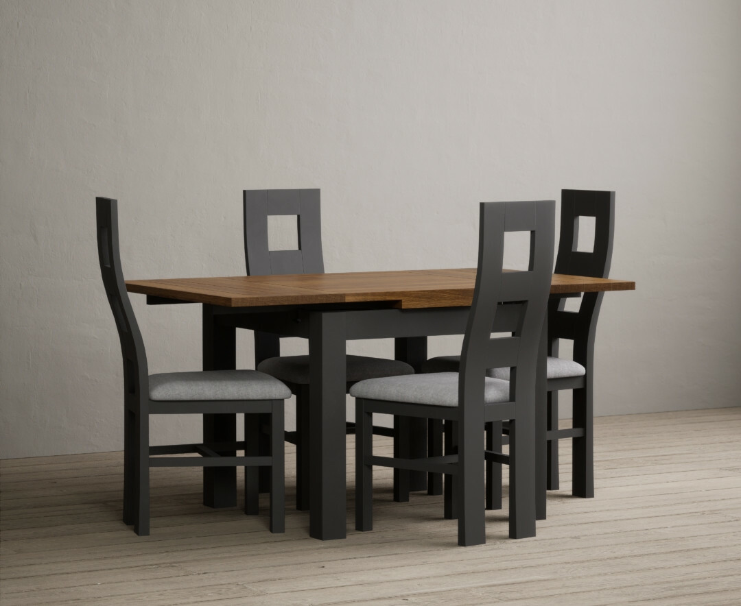 Photo 1 of Extending buxton 90cm oak and charcoal grey painted dining table with 4 blue chairs