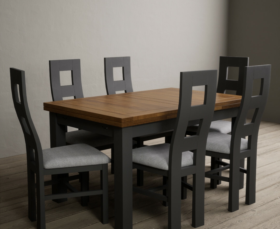 Photo 3 of Extending buxton 140cm oak and charcoal grey painted dining table with 8 light grey chairs
