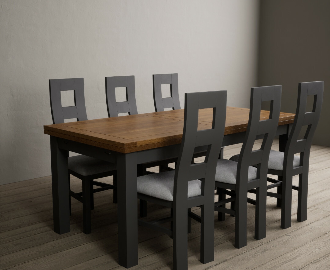 Photo 2 of Extending buxton 180cm oak and charcoal grey painted dining table with 8 light grey chairs