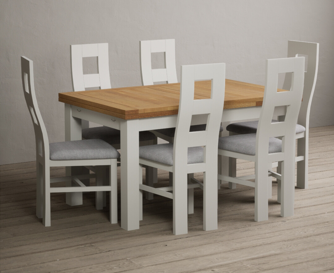 Product photograph of Extending Buxton 140cm Oak And Signal White Dining Table With 6 Charcoal Grey Flow Back Chairs from Oak Furniture Superstore