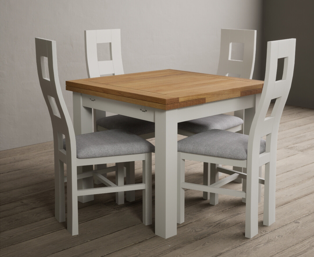 Extending Hampshire 90cm Oak And Signal White Dining Table With 4 Blue Flow Back Chairs