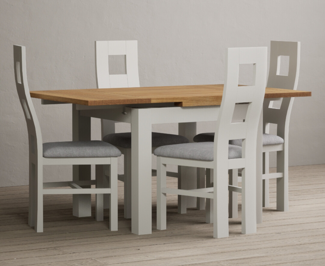 Photo 1 of Extending buxton 90cm oak and signal white painted dining table with 4 light grey painted chairs