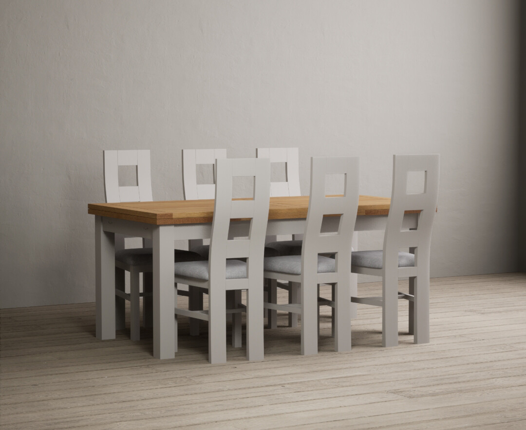 Photo 1 of Buxton 180cm oak and soft white extending dining table with 12 blue flow back chairs