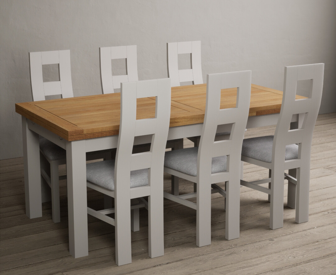 Photo 2 of Buxton 180cm oak and soft white extending dining table with 10 light grey flow back chairs