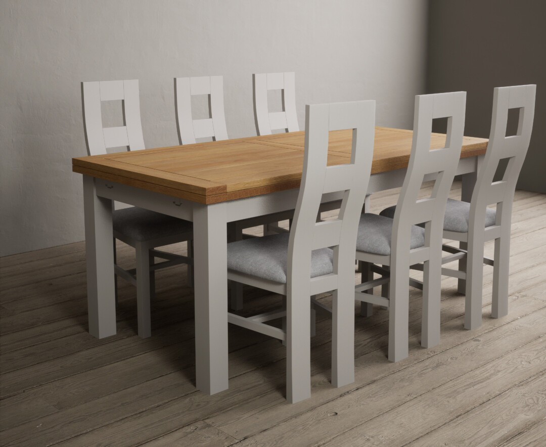 Photo 3 of Buxton 180cm oak and soft white extending dining table with 8 blue flow back chairs