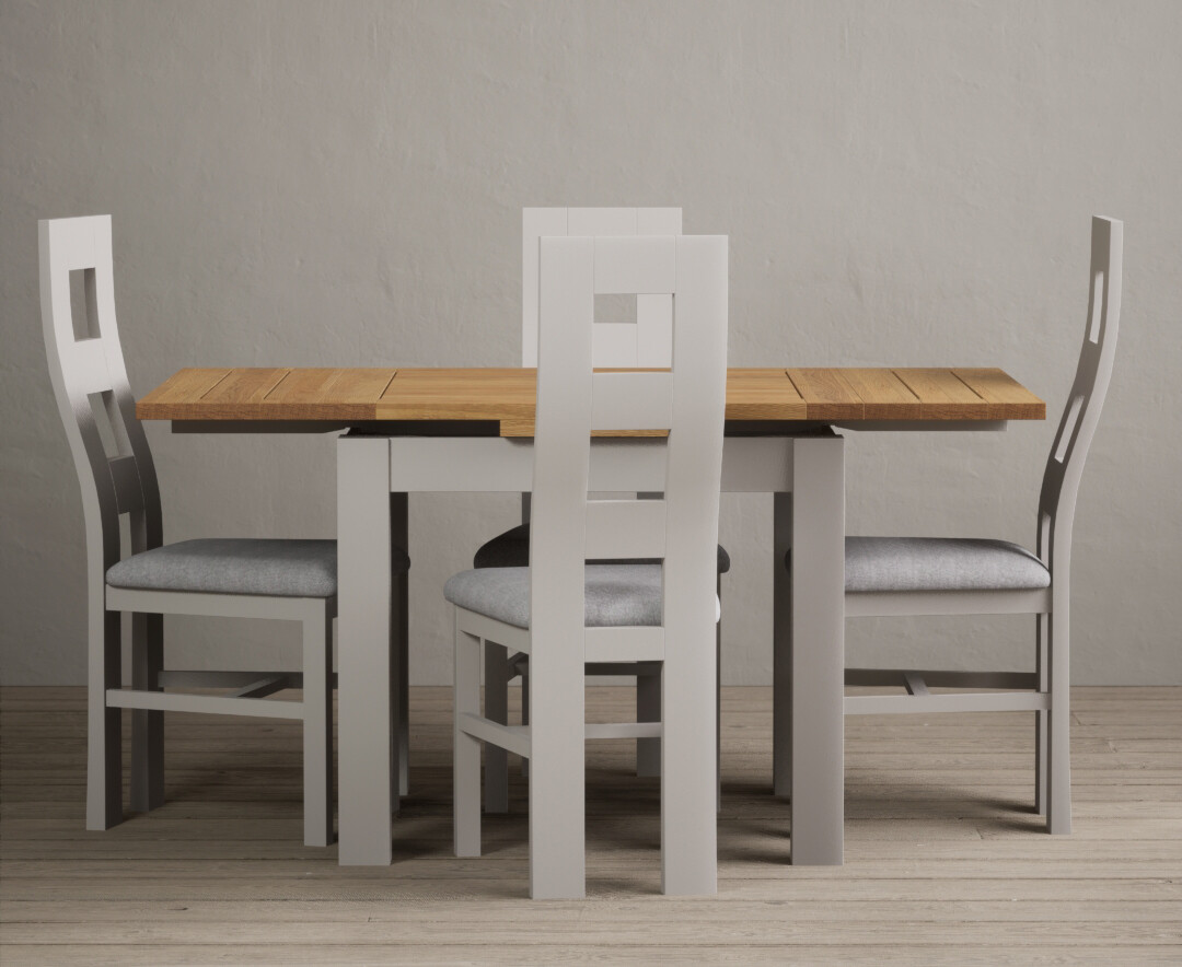 Photo 3 of Buxton 90cm oak and soft white extending dining table with 6 blue flow back chairs