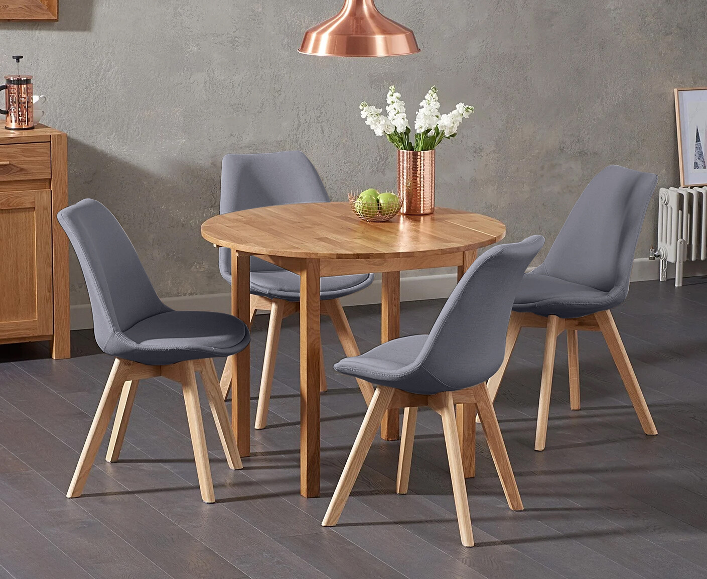 Extending York 90cm Solid Oak Drop Leaf Dining Table With 4 Dark Grey Orson Fabric Chairs