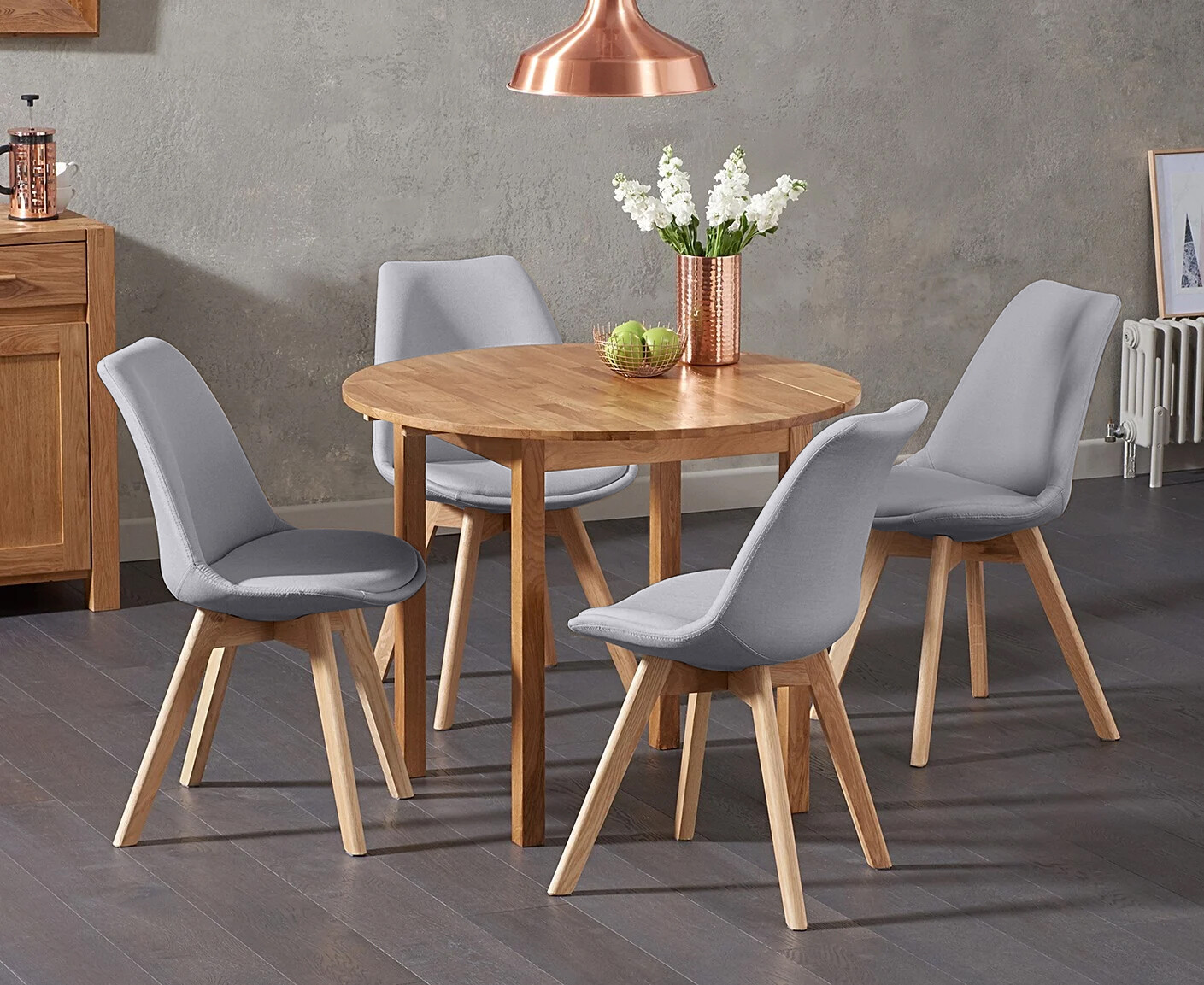 Extending York 90cm Solid Oak Drop Leaf Dining Table With 4 Light Grey Orson Fabric Chairs