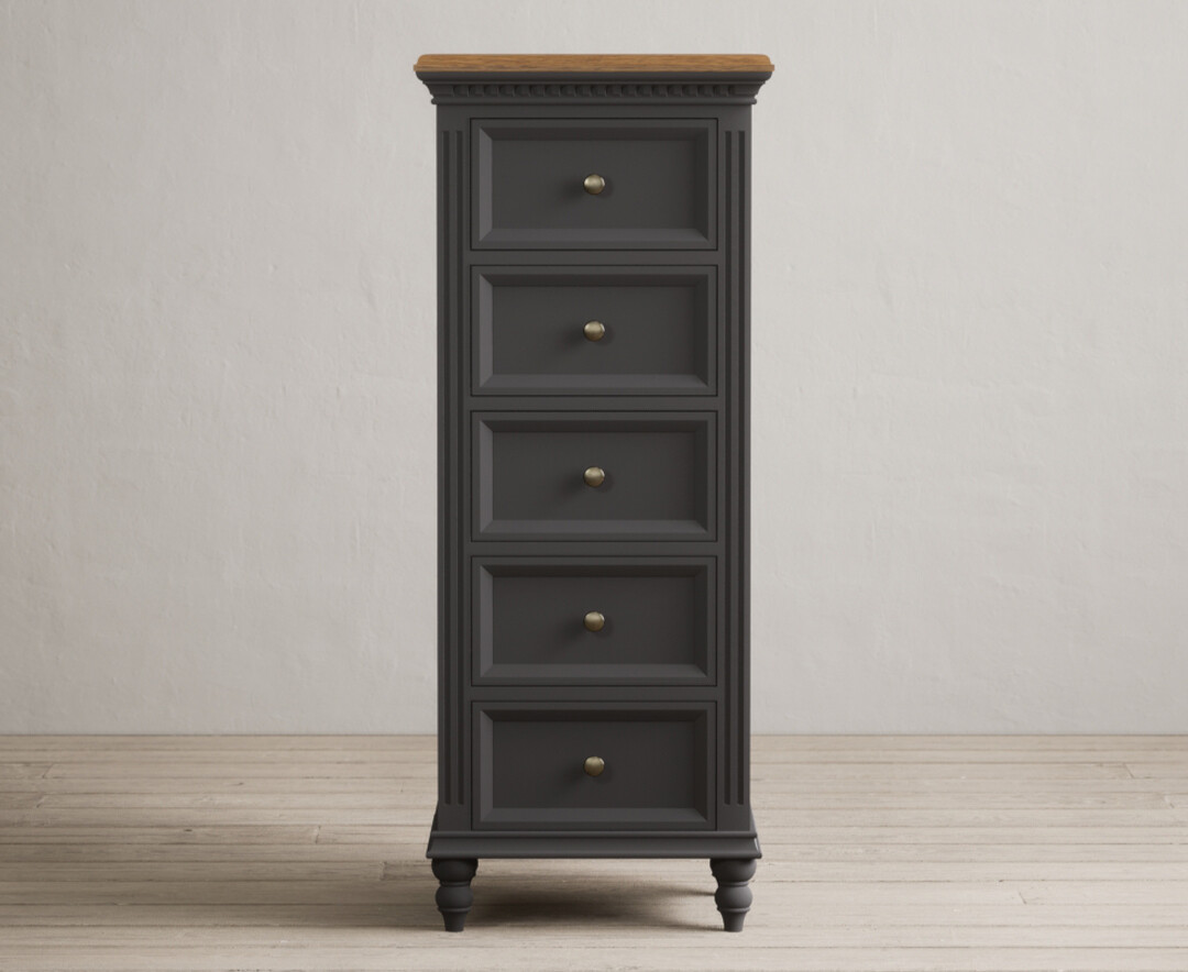 Product photograph of Francis Oak And Charcoal Grey Painted 5 Drawer Tallboy from Oak Furniture Superstore