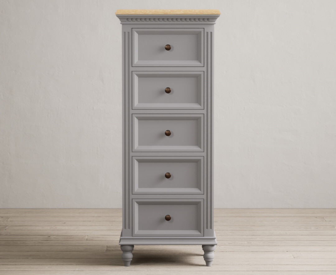 Product photograph of Francis Oak And Light Grey Painted 5 Drawer Tallboy from Oak Furniture Superstore