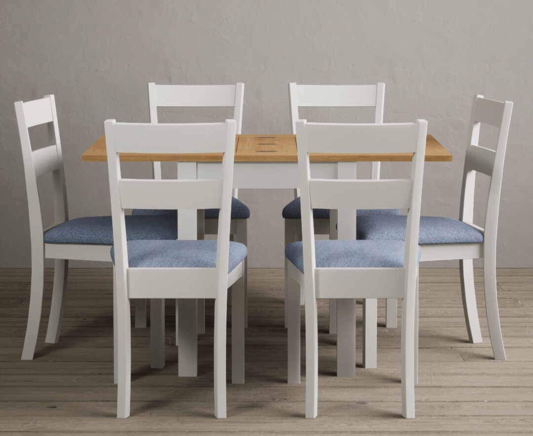 Extending Hadleigh Oak And Signal White Painted Dining Table With 2 Blue Kendal Chairs