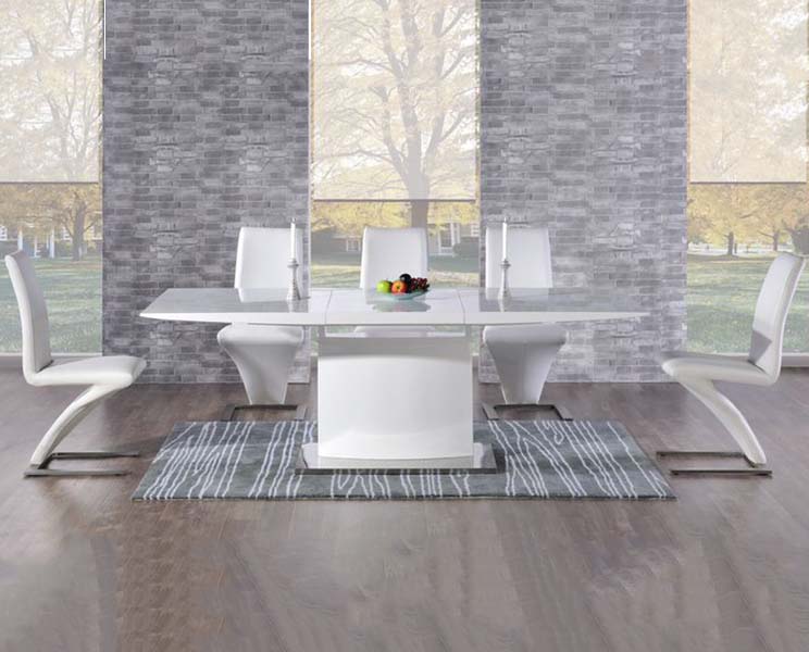 Extending Alessio 160cm White High Gloss Dining Table With 6 White Aldo Chairs